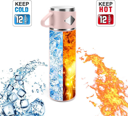 Stainless Steel Thermo 500ml/16.9oz Vacuum Insulated Bottle with Cup for Coffee Hot drink and Cold drink water flask.(Pink,Set)