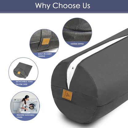 Organic Buckwheat Bolster (24x9 in) Supportive Yoga Cushion for Restorative Yoga Accessories, Meditation, Reading, Floor Pillow - Large Round Cylinder (Black)