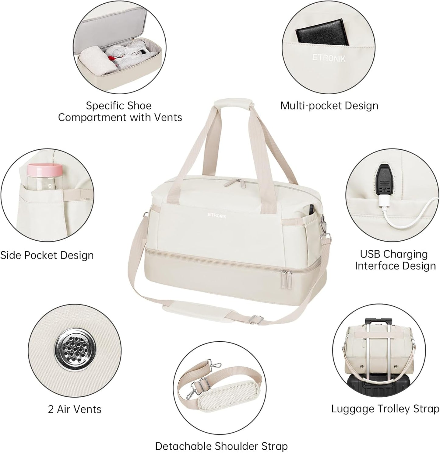 ETRONIK Gym Bag for Women, Personal Item Travel Bag with Shoes Compartment, Weekender Overnight Duffel Bag with Wet Pocket, Carry On Bag for Women, Travel, Gym, Weekend (Beige)
