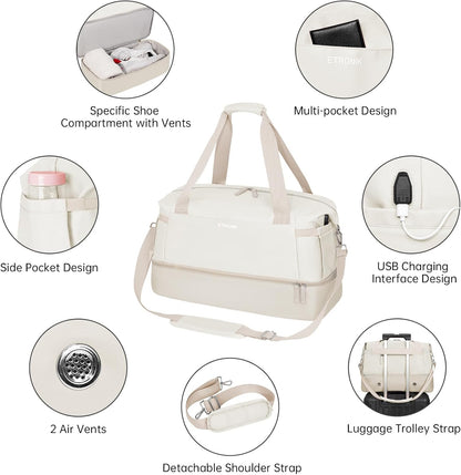 ETRONIK Gym Bag for Women, Personal Item Travel Bag with Shoes Compartment, Weekender Overnight Duffel Bag with Wet Pocket, Carry On Bag for Women, Travel, Gym, Weekend (Beige)