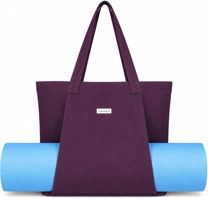 Yoga Mat Bag for Women, 100% Cotton Canvas Tote with Wet/Dry Pocket, Bottle Holder and Inner Zipper Pocket, 25L Carrier for Pilates and Travel