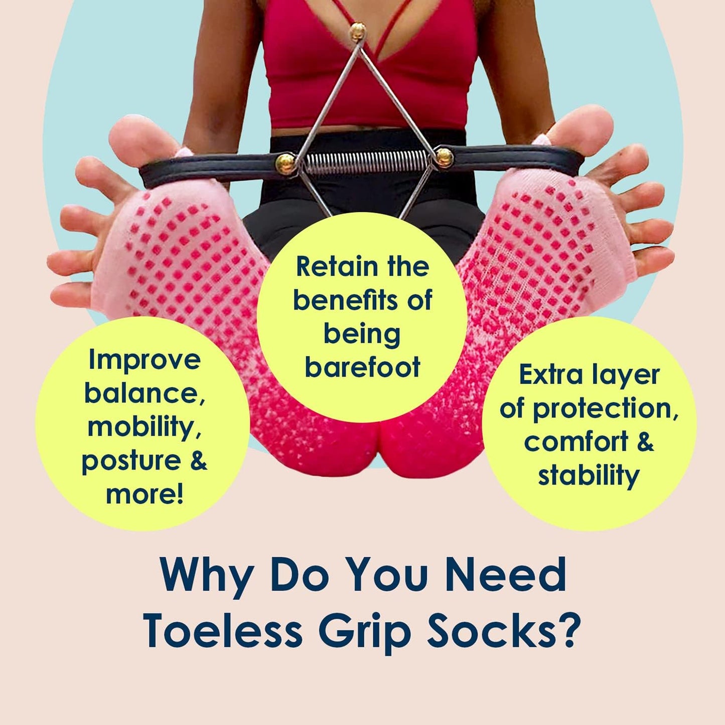 Tucketts Allegro Toeless Pilates Socks with Grips for Women, Non-Slip Open-Toe Grip Socks, Yoga, Barre, Dance, Reformer, Home