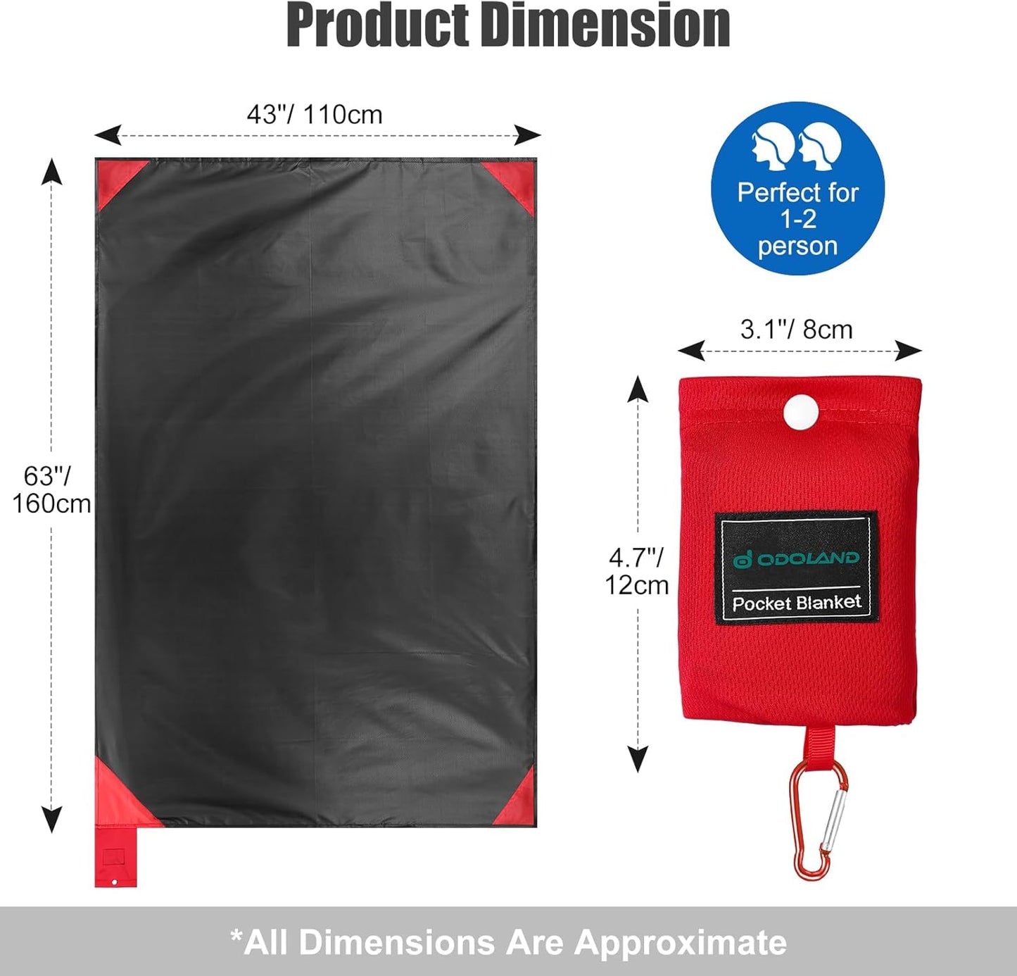 Odoland Beach Blanket Picnic Blanket, 43.3" x 27.5" SandProof Waterproof Outdoor Pocket Blanket with Portable Bag, Foldable Lightweight Sand Free Beach Mat for 1 People Hiking, Camping, Travel, Pink