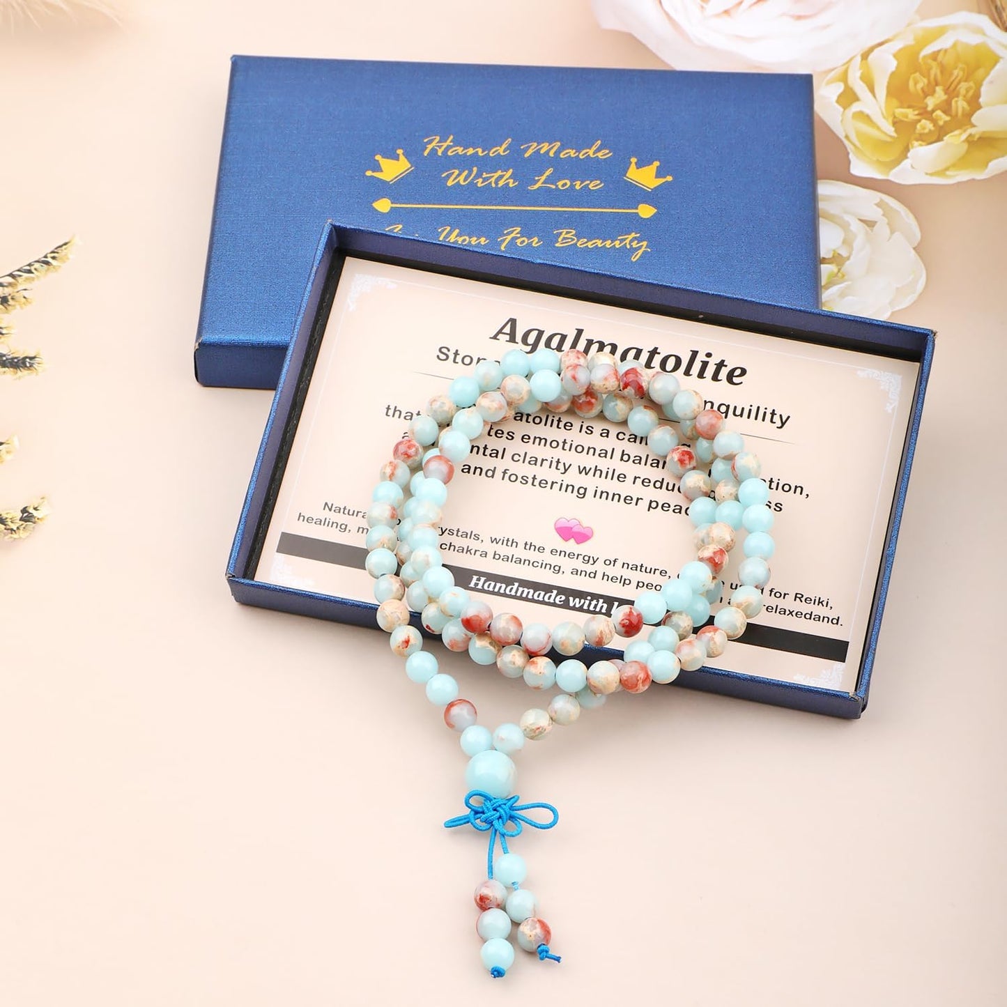 AD Beads 6mm 8mm 108 Prayer Mala Jasper Elastic Bracelet - Handmade Yoga Meditation Healing Power Energy Gifts for Unisex Adult.