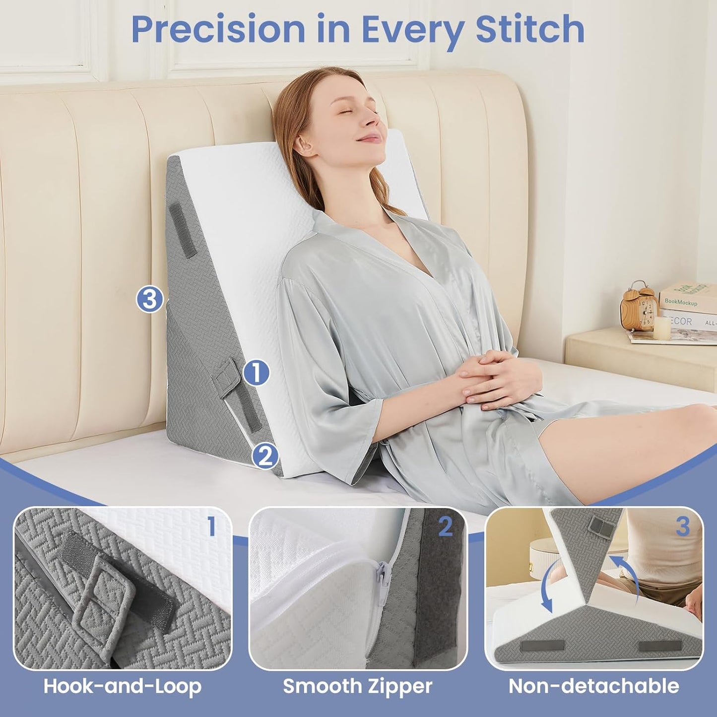 Sasttie Wedge Pillow Set for After Surgery, 2PCS Adjustable Bed Wedge Pillow Headboard with Memory Foam Neck Cushion – for Acid Reflux, Sleeping, Neck & Back Support, Dark Grey