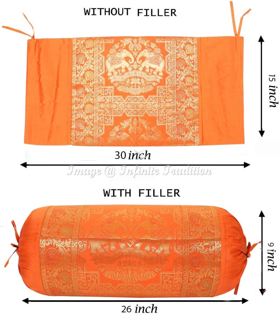 Indian Silk Bolster Tube Pillow Cover Cylindrical Orange Yoga Large Couch Round Decorative Cushion Cover Home Decor Living Room Elephant Throw Cushion Cover 30x15 inch (76x38cm) 1 Pc.