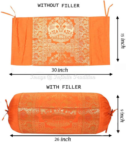 Indian Silk Bolster Tube Pillow Cover Cylindrical Orange Yoga Large Couch Round Decorative Cushion Cover Home Decor Living Room Elephant Throw Cushion Cover 30x15 inch (76x38cm) 1 Pc.