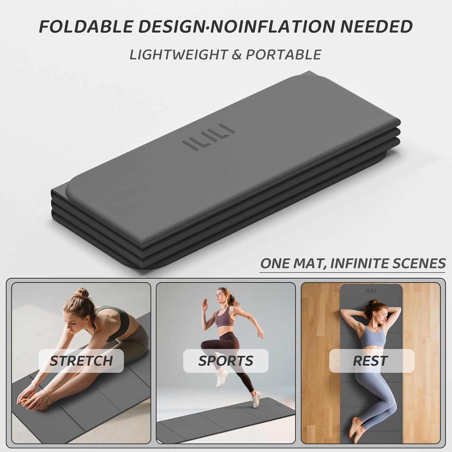 ILILI Foldable Yoga Mat 71 * 24 * 0.3'' - TPE Non-Slip Fitness Mat for Home，Waterproof & Lightweight (2lb) for Home Gym, Pilates & Stretching,Fitness Workouts