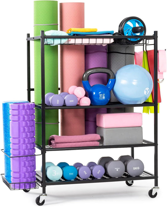 UMINEUX Yoga Mat Storage Racks, Home Gym Storage for Foam Roller, Dumbbells, Kettlebells, All in One Workout Equipment Storage Organizer with Hooks and Wheels