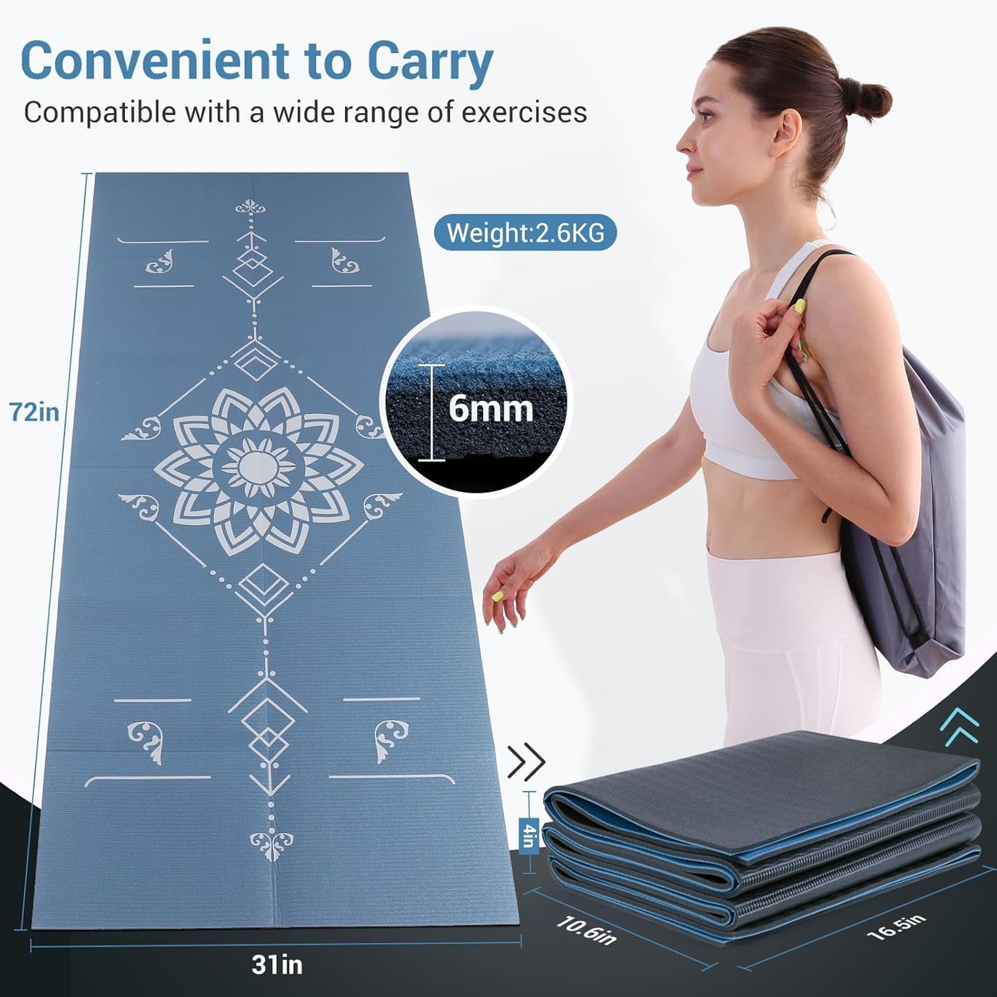 Avoalre Folding Yoga Mat, Eco-Friendly PVC Travel Yoga Mat Packable, Double Sided Non-Slip Printed Yoga Mats with Bag for Home Workout Gym Exercise Fitness Pilates Stretching (72" x 32" x 0.24" Thick)