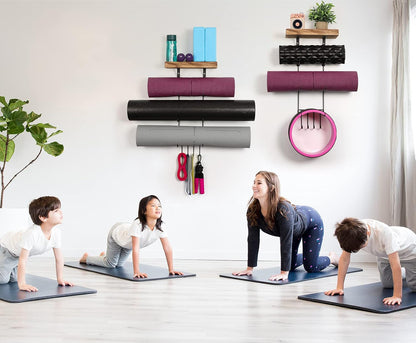Bikoney Yoga Mat Holder Wall Mount Yoga Mat Storage Home Gym Accessories with Wood Floating Shelves and 4 Hooks for Hanging Foam Roller and Resistance Bands Fitness Home Gym Carbonized Black