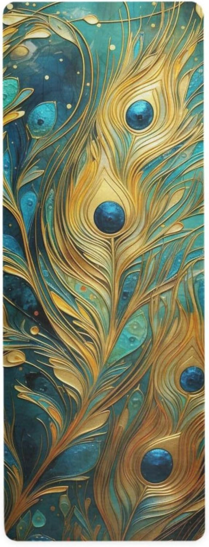 Green and Gold Peacock Feathers mat yoga for exercise printed, natural rubber non slip, yoga mat storage tapete para ejercicio 71x26 inches