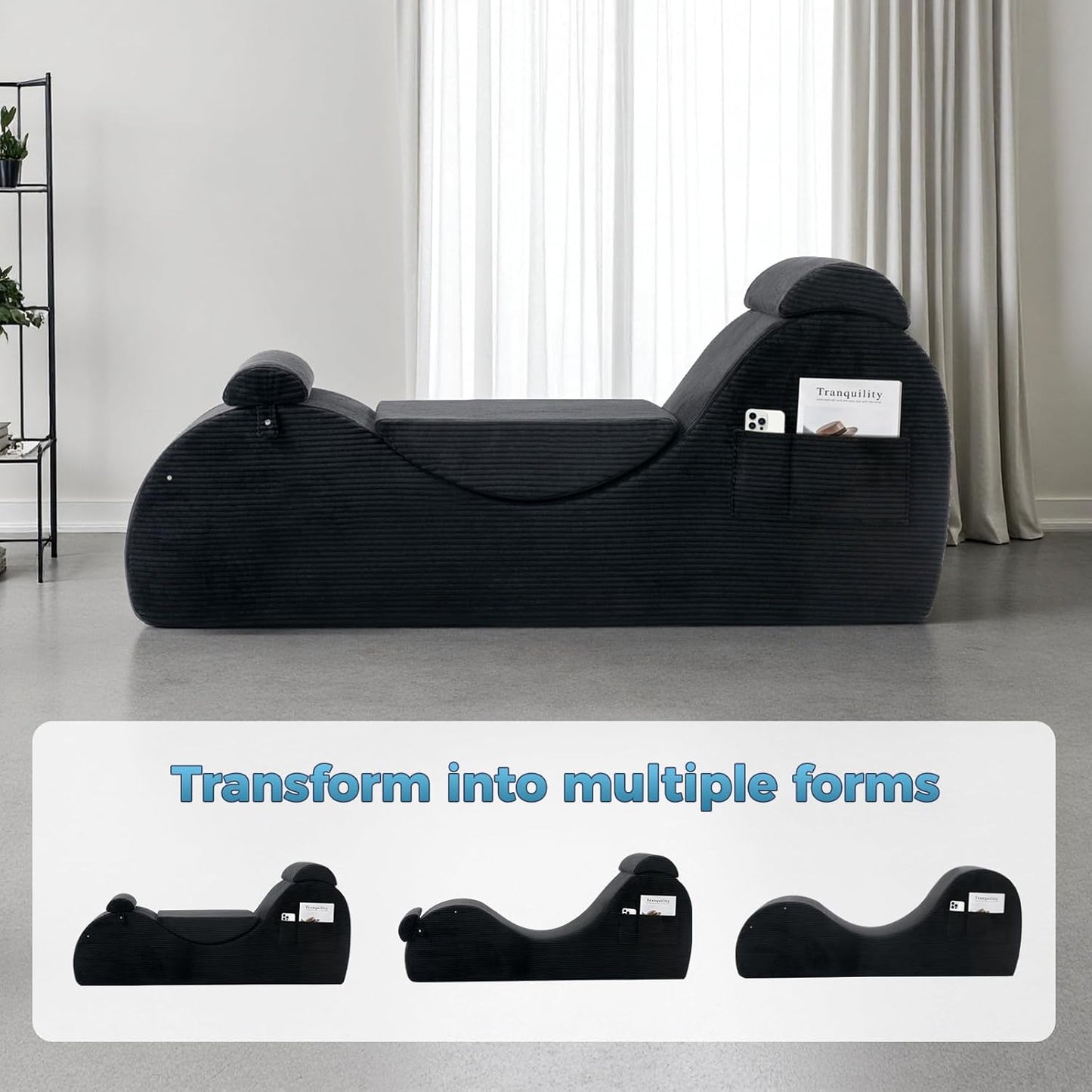 Yoga Chairs for Adults, Ergonomic Chaise Lounge Chair Indoor with Side Pocket, Lumbar Pillow, Ottoman, Yoga Chair Perfect for Stretching, Relaxation, Exercise, Used in Bedroom, Living Room（Black）