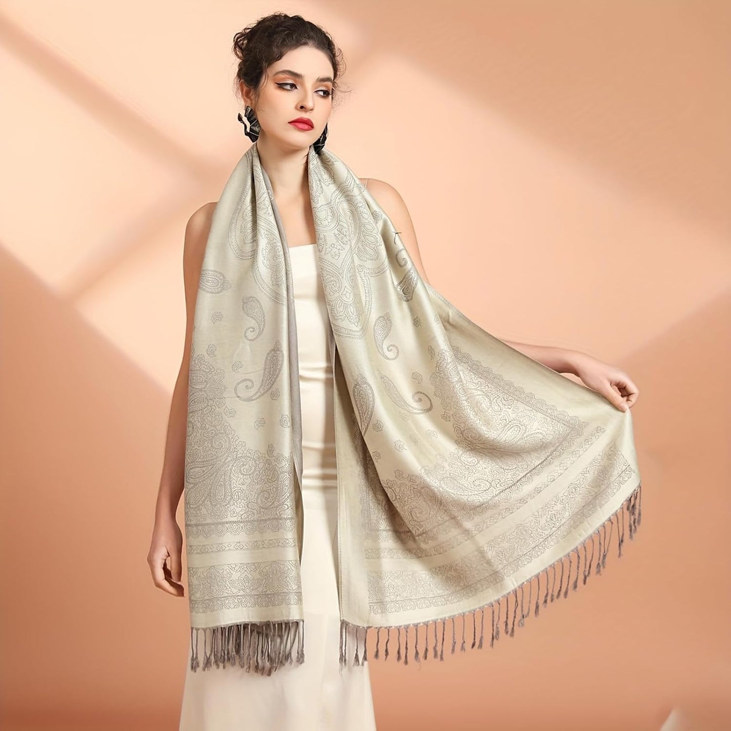 Ciormis Two Tone Silky Paisley Pashmina Shawl Scarf,Soft Women's Rave Jacquard Pashminas Wrap Scarves