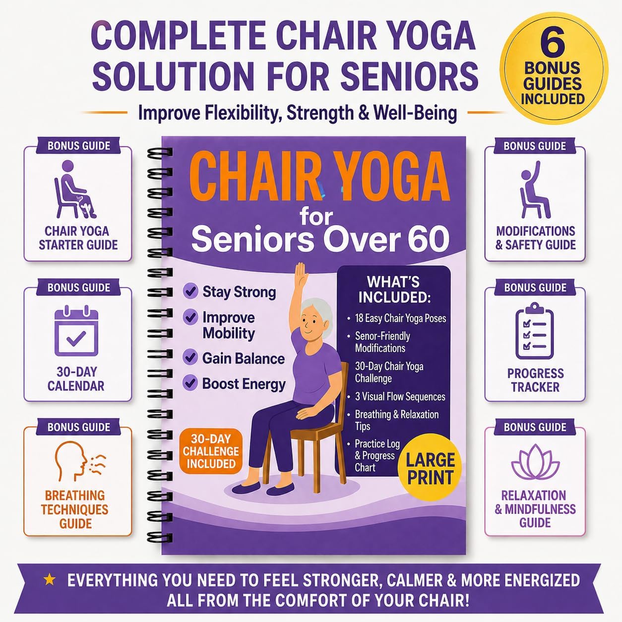 Chair Yoga for Seniors Over 60 Book & Chart – 30-Day Challenge, Gentle Seated Yoga Guide, Chair Yoga for Weight Loss & Flexibility, Senior Chair Exercises for Women & Men, 8.5x11" Book on Chair Yoga