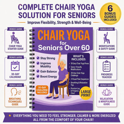 Chair Yoga for Seniors Over 60 Book & Chart – 30-Day Challenge, Gentle Seated Yoga Guide, Chair Yoga for Weight Loss & Flexibility, Senior Chair Exercises for Women & Men, 8.5x11" Book on Chair Yoga