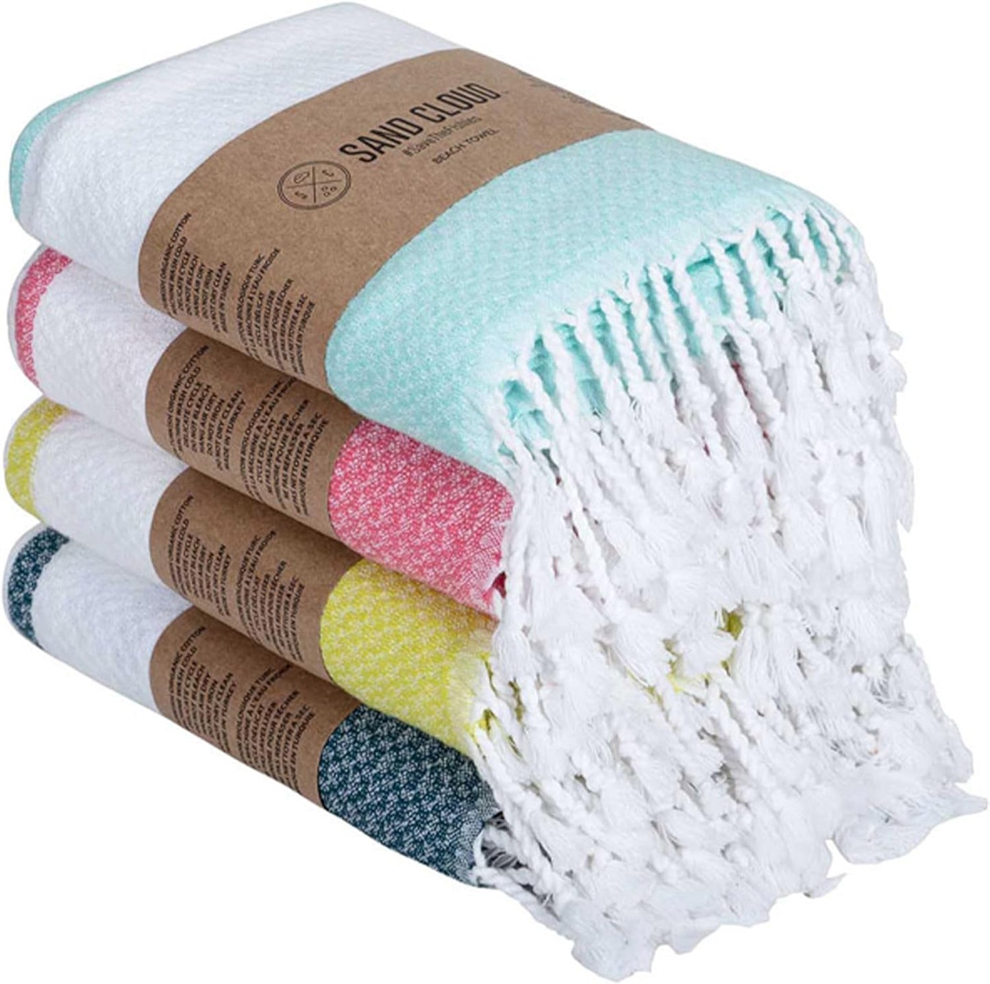 Sand Cloud Turkish Beach Towel - 100% Organic Cotton Turkish Bath Towels - Ultra Soft, Sand Resistant & Quick Dry Towel for Beach or Pool - As Seen on Shark Tank - Cali Dobby (4 Pack Assorted)