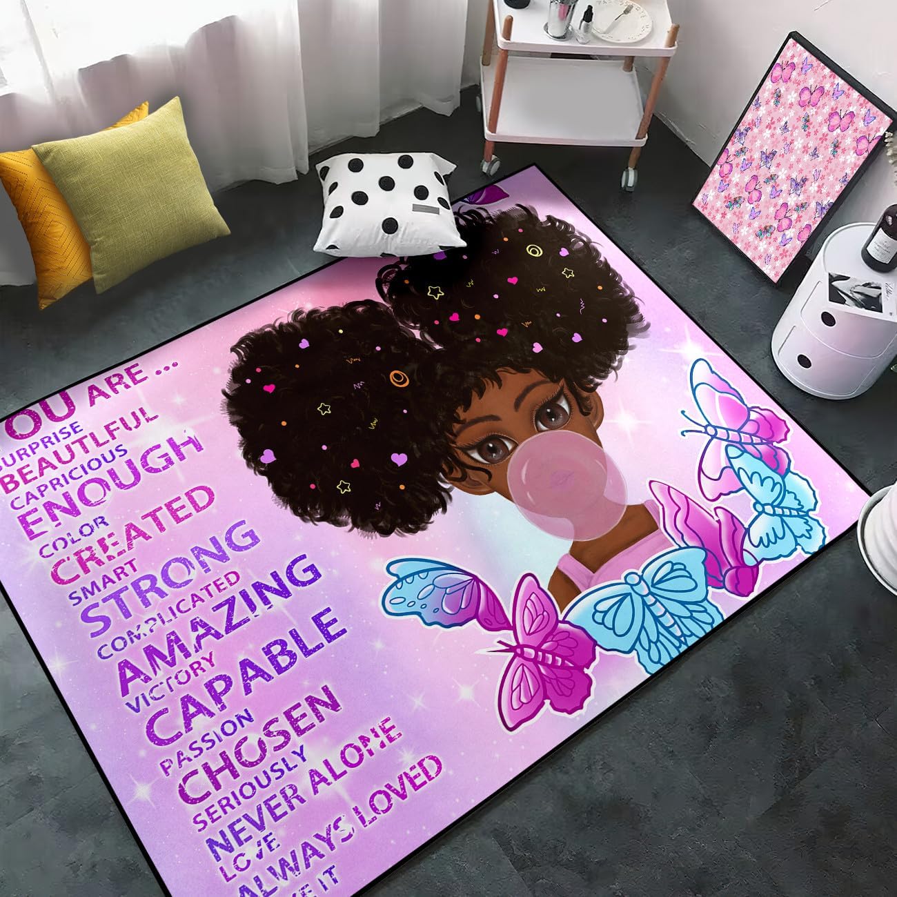 Black Girl Area Rug for Bedroom African Black Girls Floor Rugs for Living Room Playroom Cartoon Art Home Decor Soft Yoga Mats for Women Afro Purple 47" x 31" (2.7 x 3 Feet)