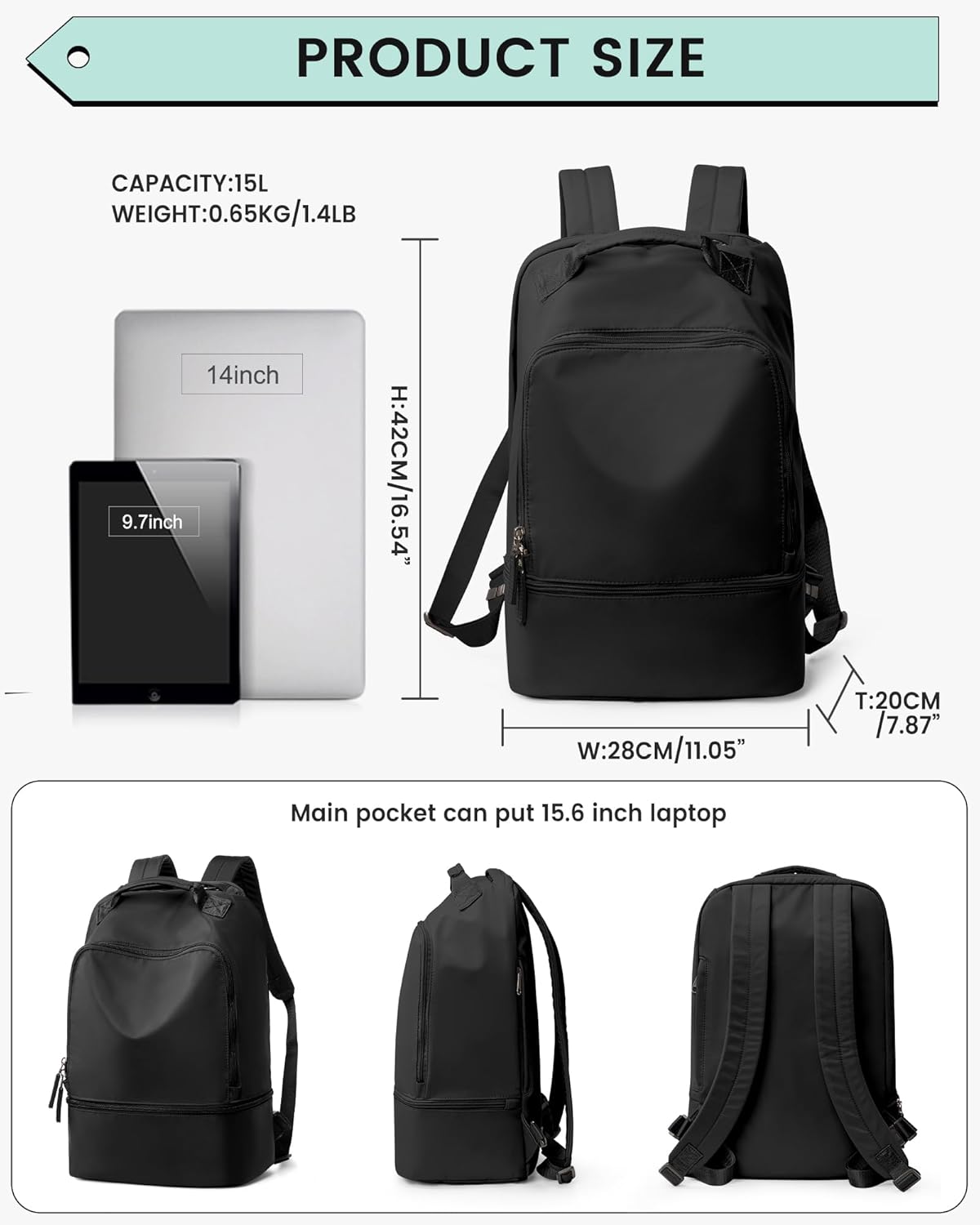 Gym Backpack for Women Men,Cheer bag,Lightweight Gym Bag with Shoe Compartment, Waterproof Sports Backpack with Wet Pocket, Black