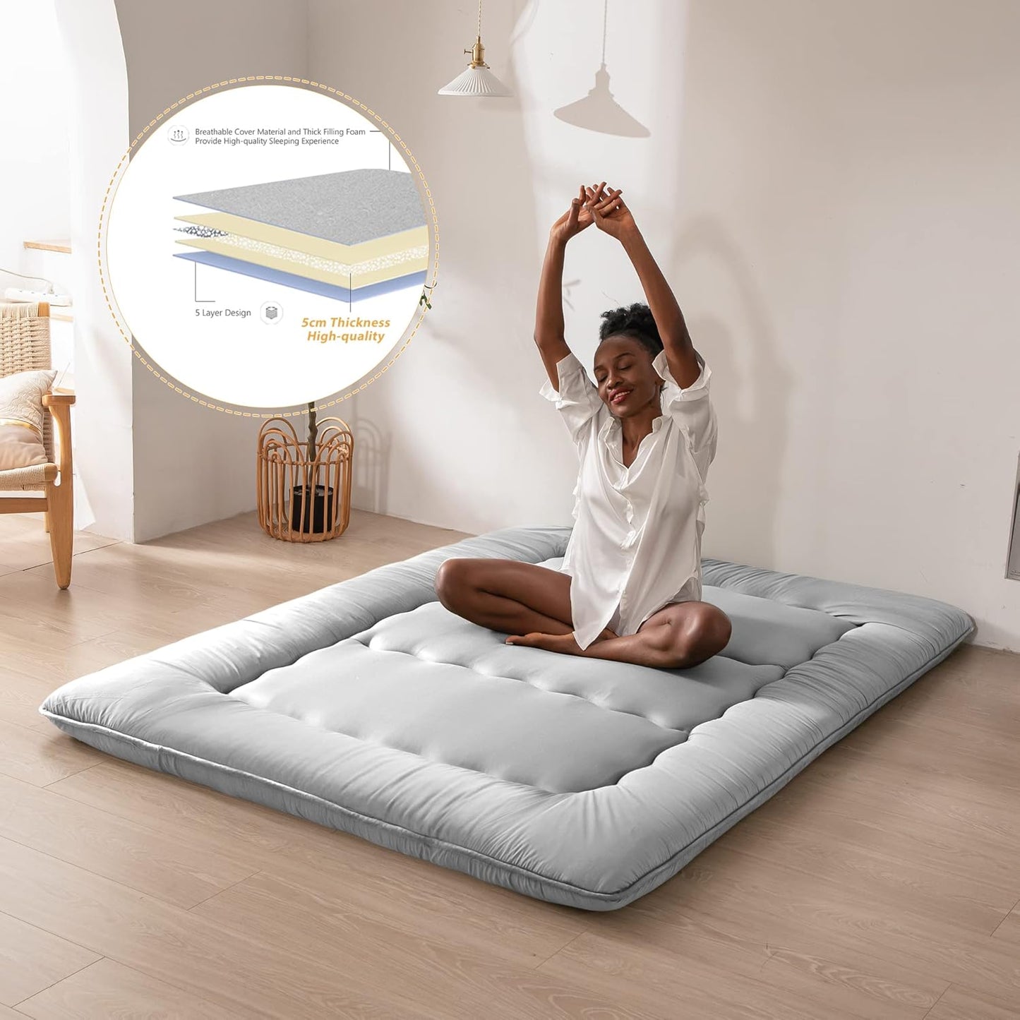 MAXYOYO Bohemian Retro Mattress Boho Floral Japanese Futon Mattress Tatami Floor Mat Foldable Portable Camping, Sleeping Pad, Lounger Couch Bed Full Size