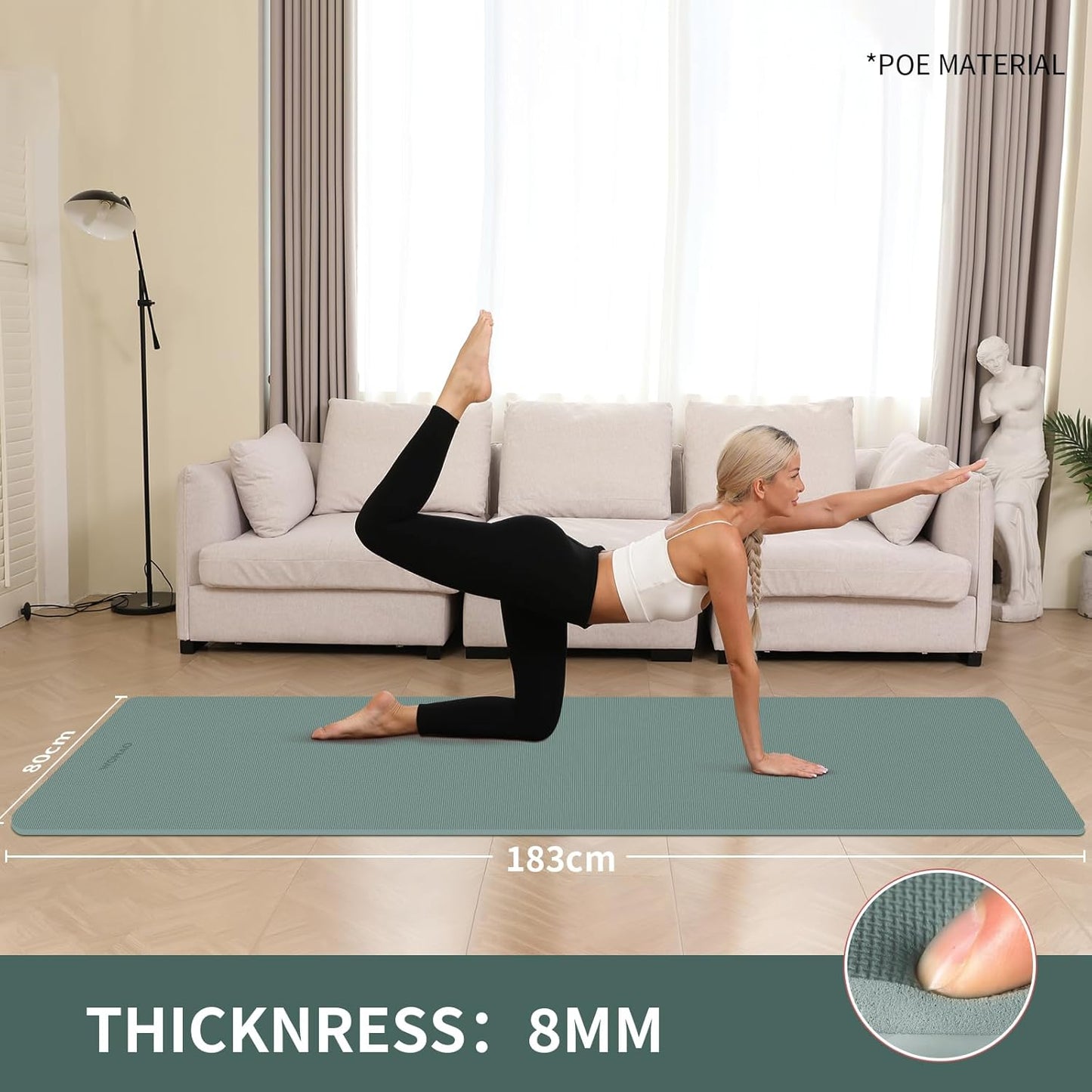 Extra Wide & Thick 8mm Yoga Mat, 72"x31.5" Large Non Slip Exercise Mat, Premium POE Material for Superior Cushioning & Stability, with Strap for Home Gym, Pilates