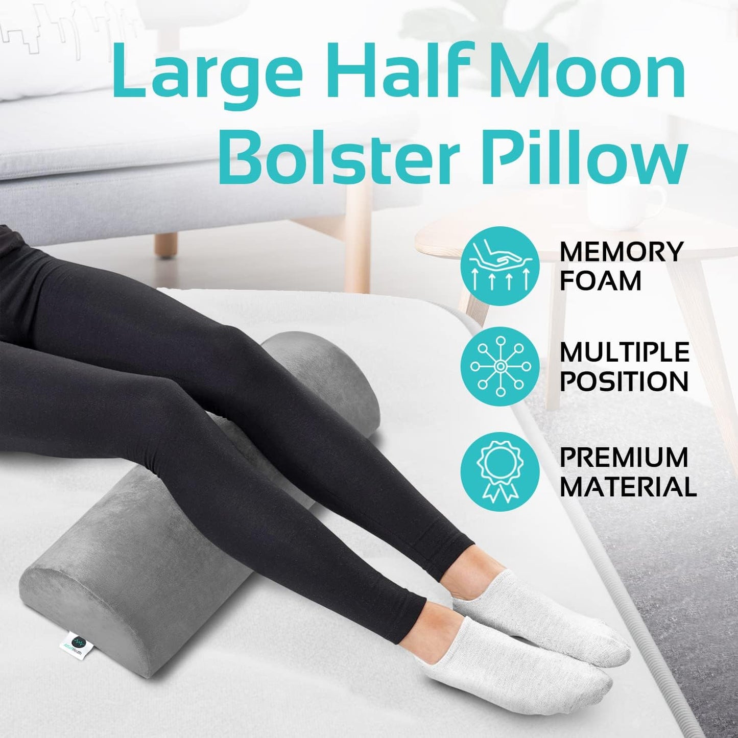 AllSett Health Half Moon Bolster Pillow for Legs, Back and Head (2 Pack) Semi Roll for Ankle and Foot Comfort with White Cotton Machine Washable Cover | Premium Memory Foam | 2 Pillow System