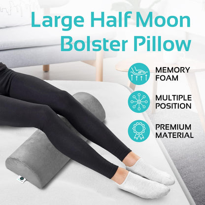 AllSett Health Half Moon Bolster Pillow for Legs, Back and Head (2 Pack) Semi Roll for Ankle and Foot Comfort with White Cotton Machine Washable Cover | Premium Memory Foam | 2 Pillow System