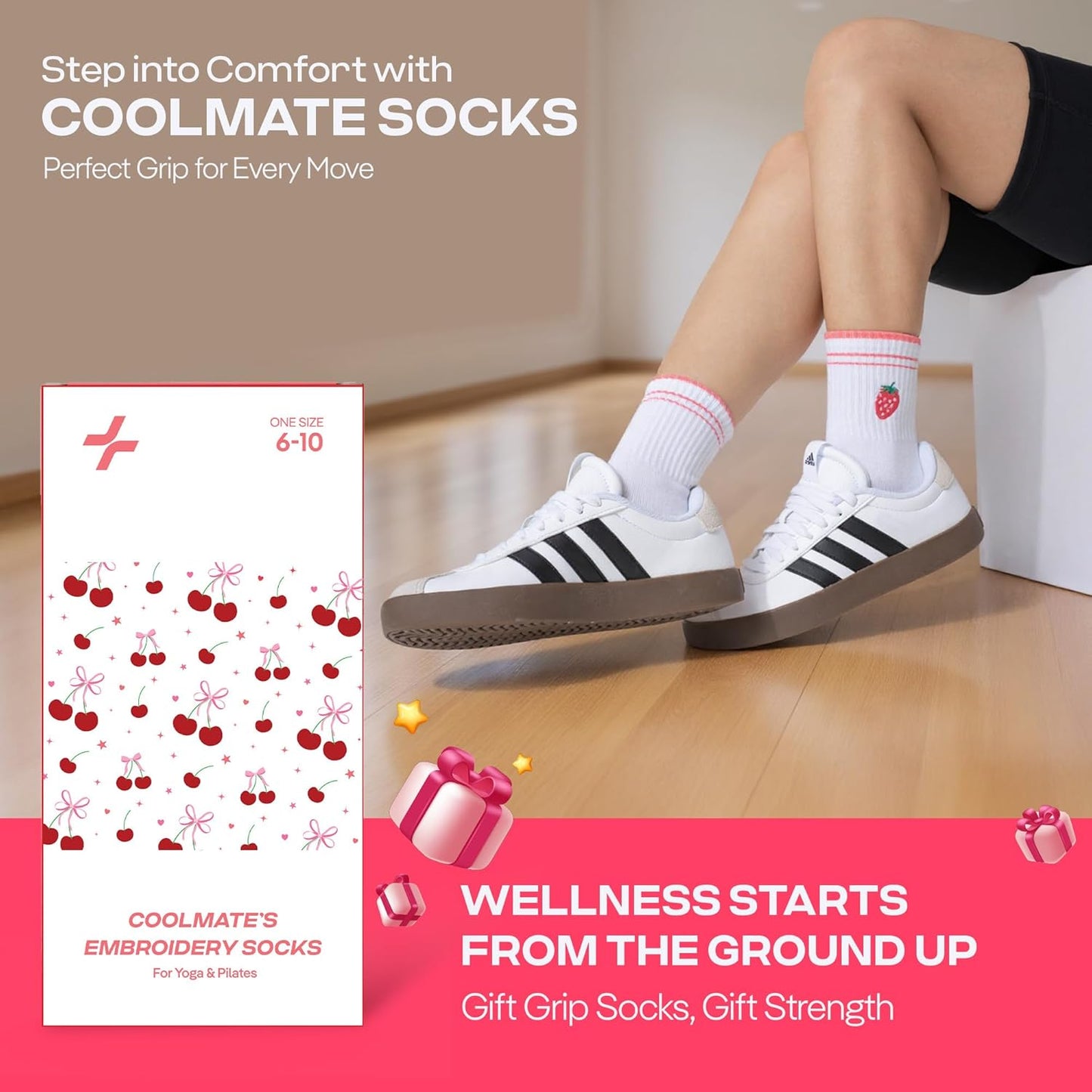 COOLMATE Pilates Socks with Grips for Women, Yoga Socks, Crew Non Slip Women for Barre, Pilates Gifts for Women - Colors A