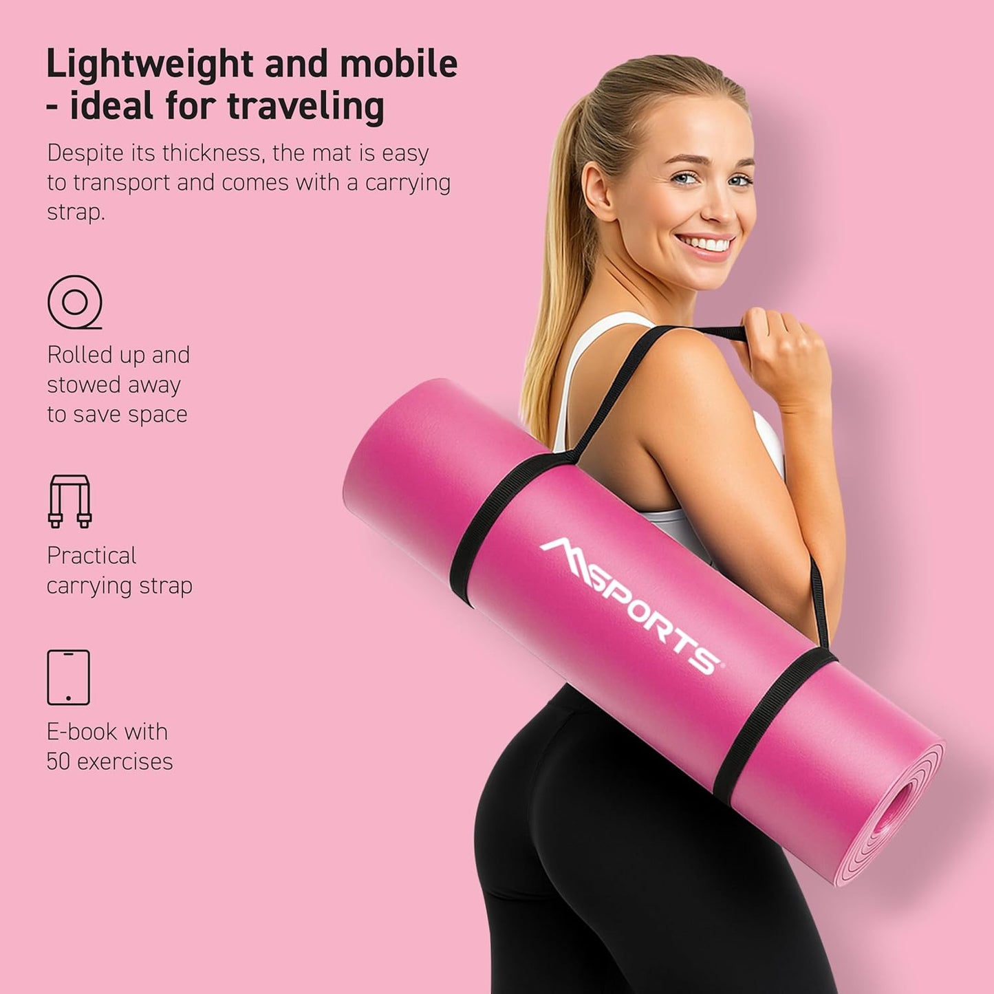 MSPORTS Yoga Mat Premium Non Slip Thick – Extra Comfortable Exercise Mat for Home Workouts, Pilates, Stretching & Gym – Cushioned NBR Foam, Gym Mat with Strap, for Women & Men