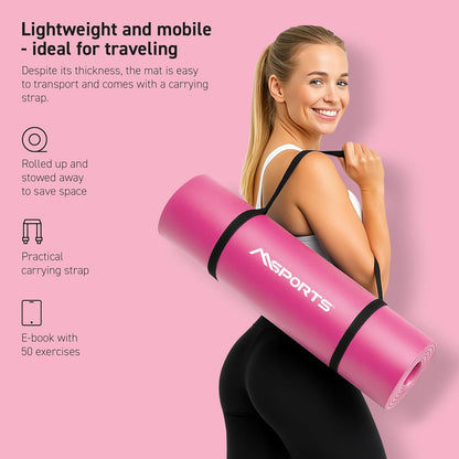 MSPORTS Yoga Mat Premium Non Slip Thick – Extra Comfortable Exercise Mat for Home Workouts, Pilates, Stretching & Gym – Cushioned NBR Foam, Gym Mat with Strap, for Women & Men