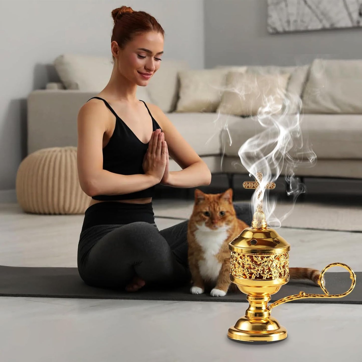 Gold Incense Burner with Tong – Frankincense Charcoal Incense Stand Aromatherapy, Yoga, Spa, Home Decor, and Church Use – Compact & Durable Bakhoor Holder