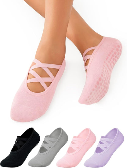 Womens 4 Pairs Pilates Socks with Grips Non Slip Grip Yoga Socks for Barre, Dance, Barefoot, Workout