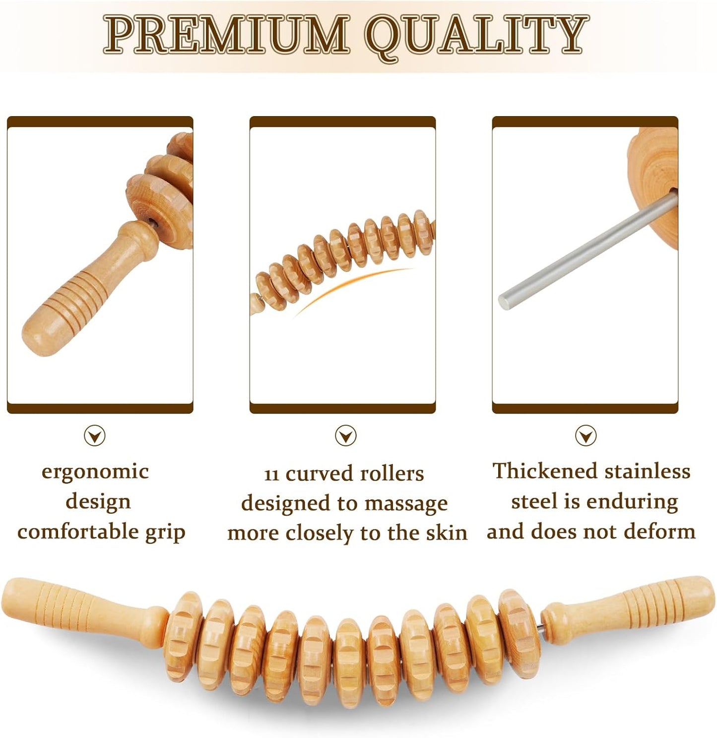 Liitrton Manual Wooden Fascia Massage Roller Trigger Points for Release Cellulite Sore Muscle Blasting (Straight-9-Wheel)