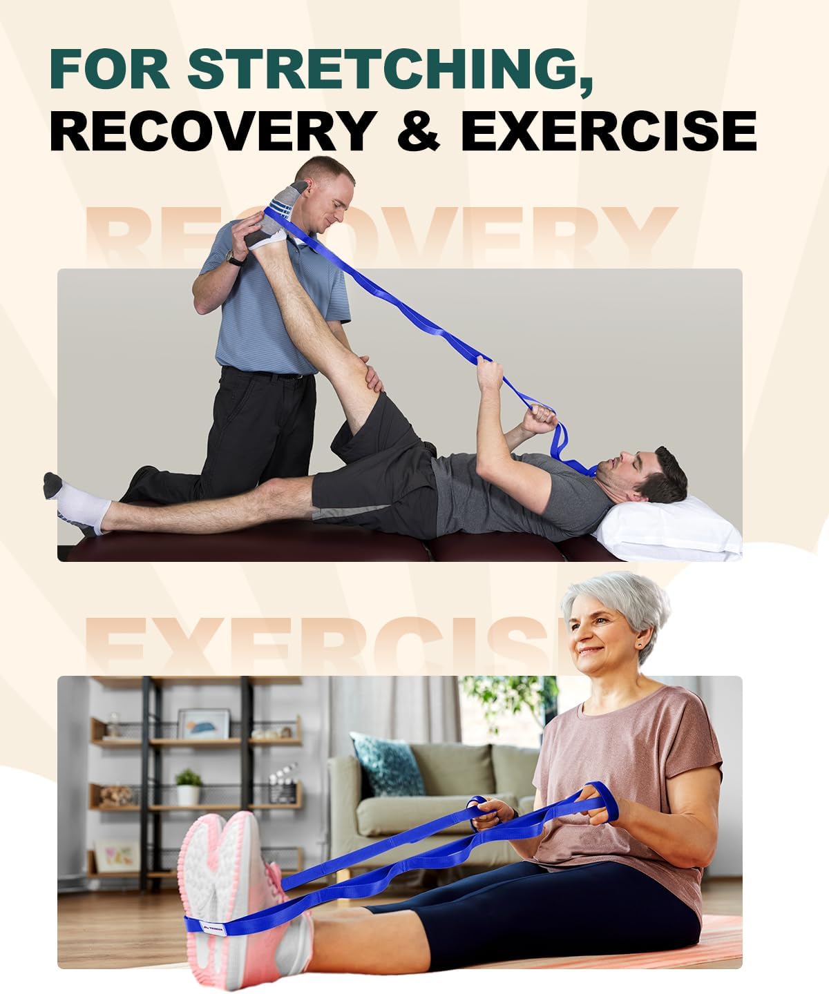 Trideer Non-Elastic Stretching Strap with Loops for Physical Therapy & Rehab, Knee Hip Leg ROM Post-Surgery, Yoga Strap for Stretching, Leg Lifter Strap Mobility Aid, Hamstring Calf Back