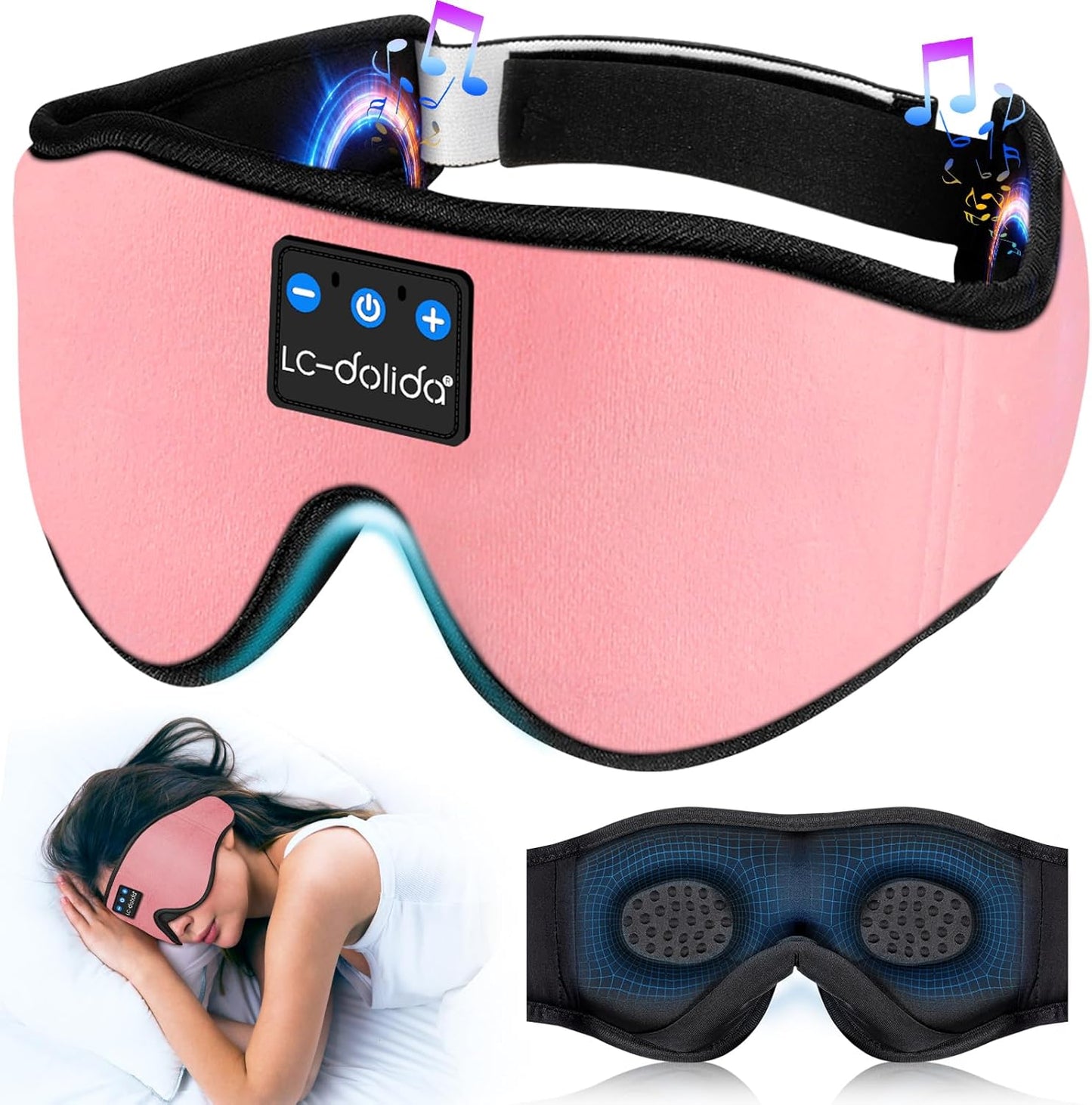 LC-dolida Sleep Headphones, 3D Sleep Mask Bluetooth Wireless Music Eye Mask, Sleeping Headphones for Side Sleepers Sleep Mask with Bluetooth Headphones Ultra-Thin Stereo Speakers Perfect for Sleeping