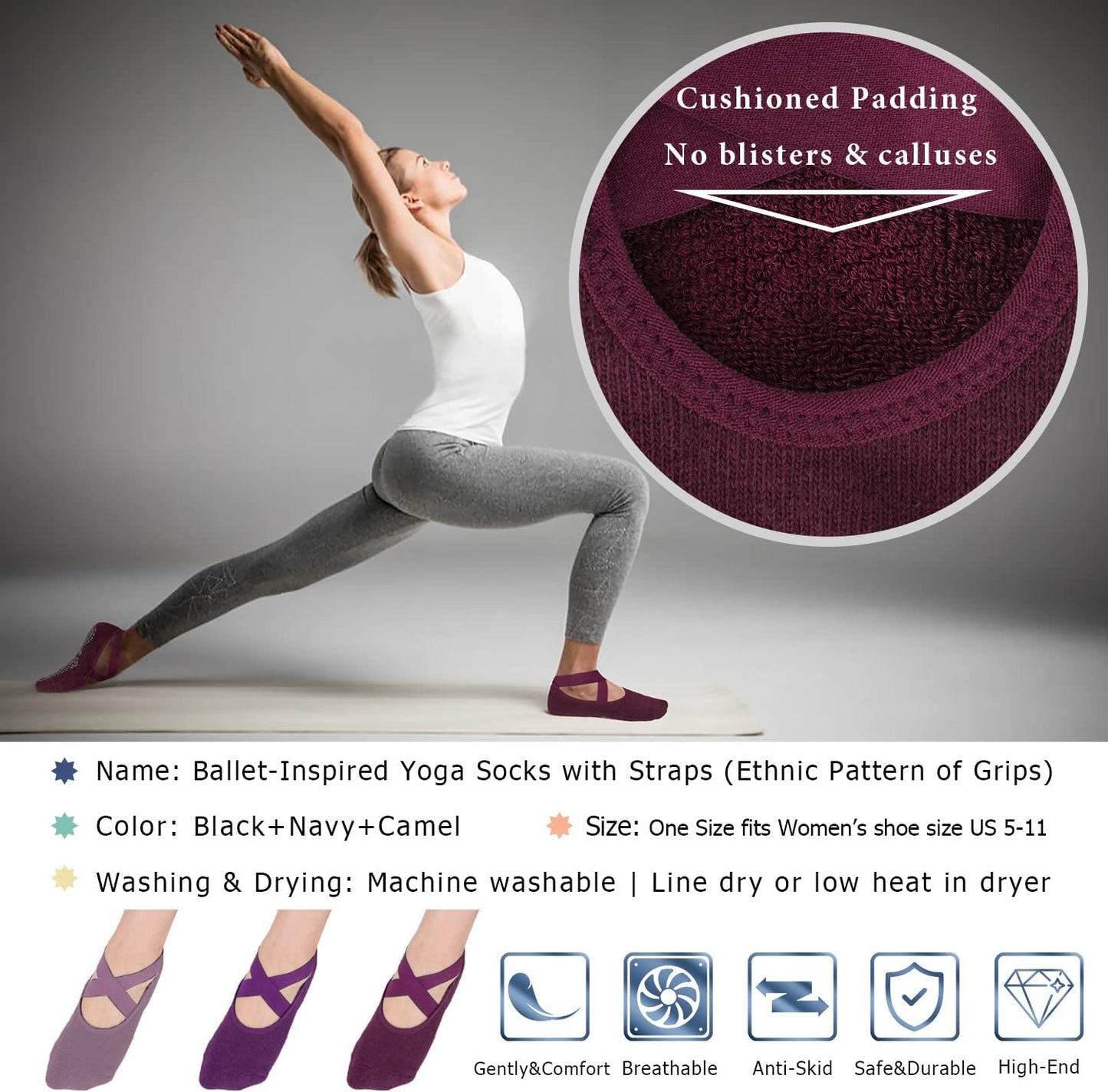 Ozaiic Pilates Socks for Women Non Slip Grip, Yoga Socks with Grippers for Barre, Hospital, Ballet, Dance, Barefoot Workout