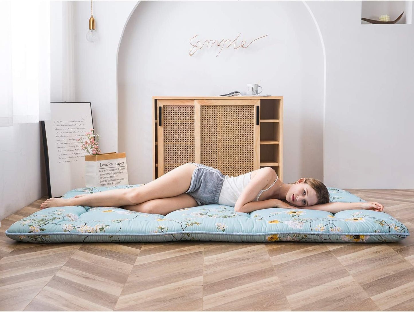 MAXYOYO Bohemian Retro Mattress Boho Floral Japanese Futon Mattress Tatami Floor Mat Foldable Portable Camping, Sleeping Pad, Lounger Couch Bed Full Size