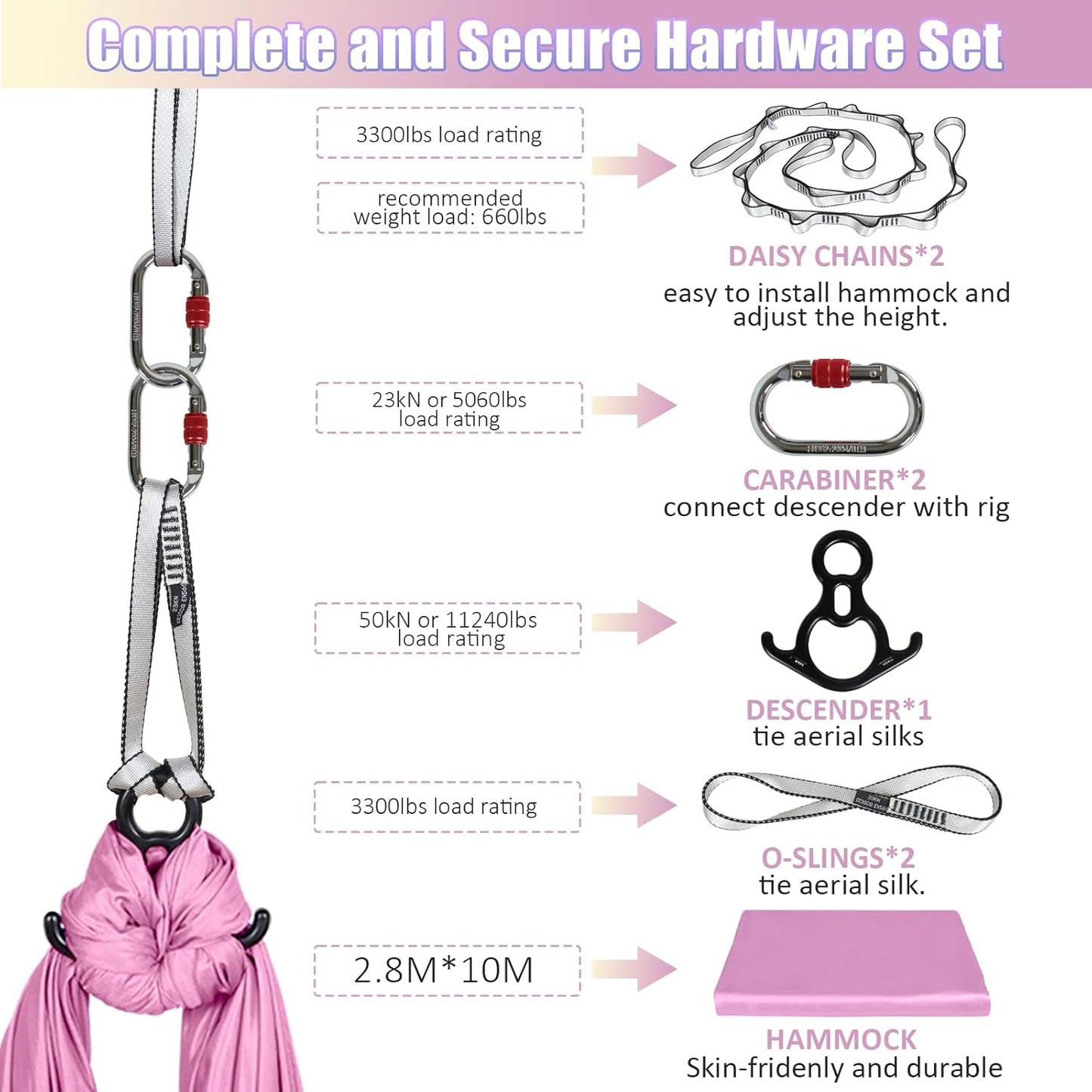 Aerial Silks Kit & Aerial Yoga Hammock - 11Yd Premium Fabric with Hardware - Easy Setup for Flying Yoga, Aerial Swing & Fitness - Supports Up to 14ft Rigging