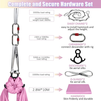Aerial Silks Kit & Aerial Yoga Hammock - 11Yd Premium Fabric with Hardware - Easy Setup for Flying Yoga, Aerial Swing & Fitness - Supports Up to 14ft Rigging
