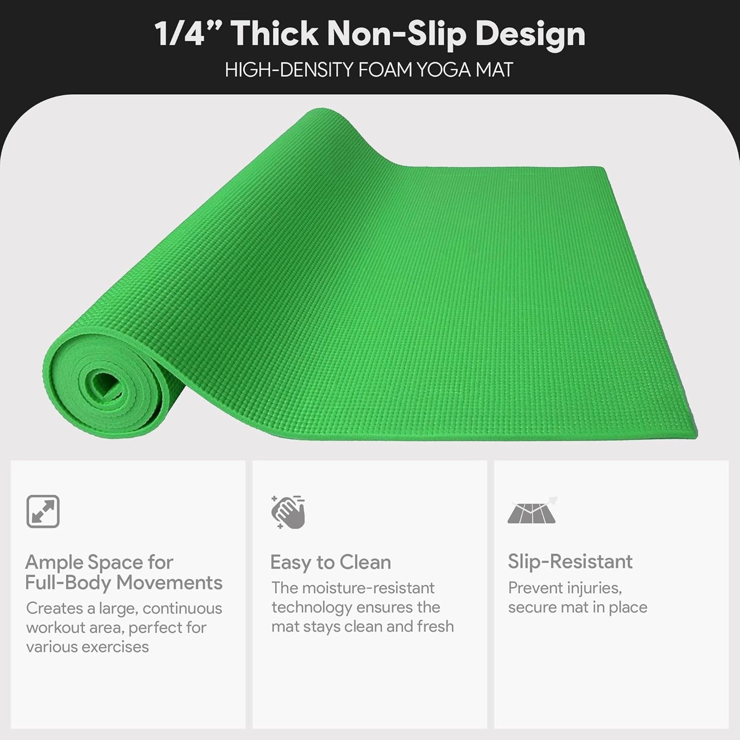 Fitvids All Purpose 1/4-Inch High Density Anti-Tear Exercise Yoga Mat with Carrying Strap, Multiple Colors