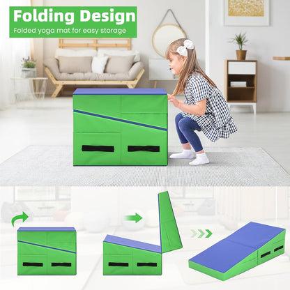 Gymnastics Mat Incline Tumbling Mats—Indoor/Outdoor Folding Cheese Wedge Mat with Non-Slip Surface & Handles for Kids Girls Home Training Exercise