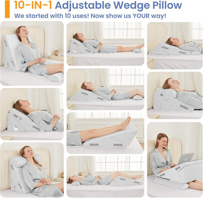 Sasttie Wedge Pillow Set for After Surgery, 2PCS Adjustable Bed Wedge Pillow Headboard with Memory Foam Neck Cushion – for Acid Reflux, Sleeping, Neck & Back Support, Dark Grey