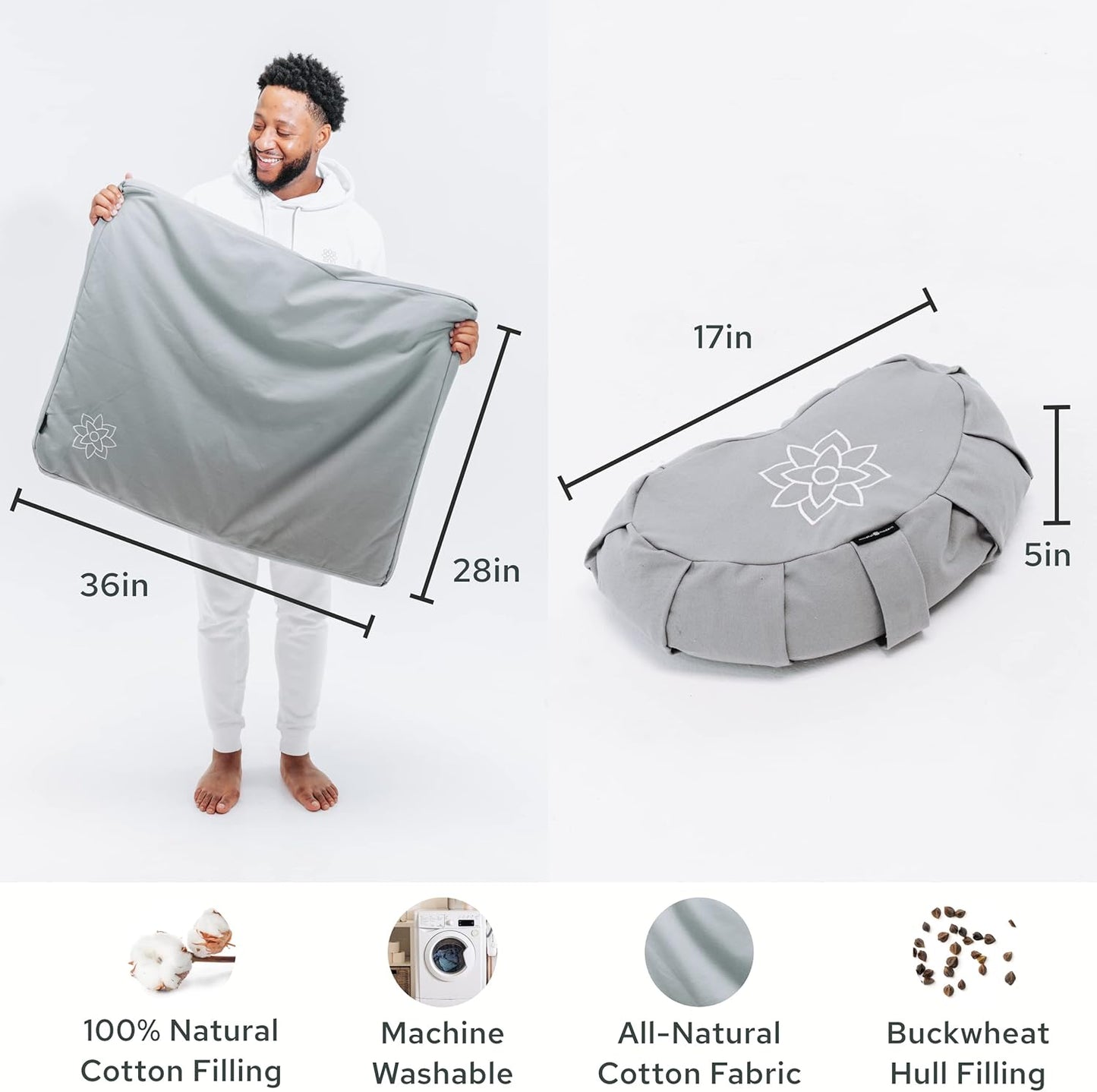 Mindful Modern Meditation Cushion & Zabuton Meditation Mat Bundle - 100% Cotton Meditation Cushion Set for Yoga - Buckwheat Crescent Shaped Zafu Floor Pillow Rectangular Mat - Slate Grey Color