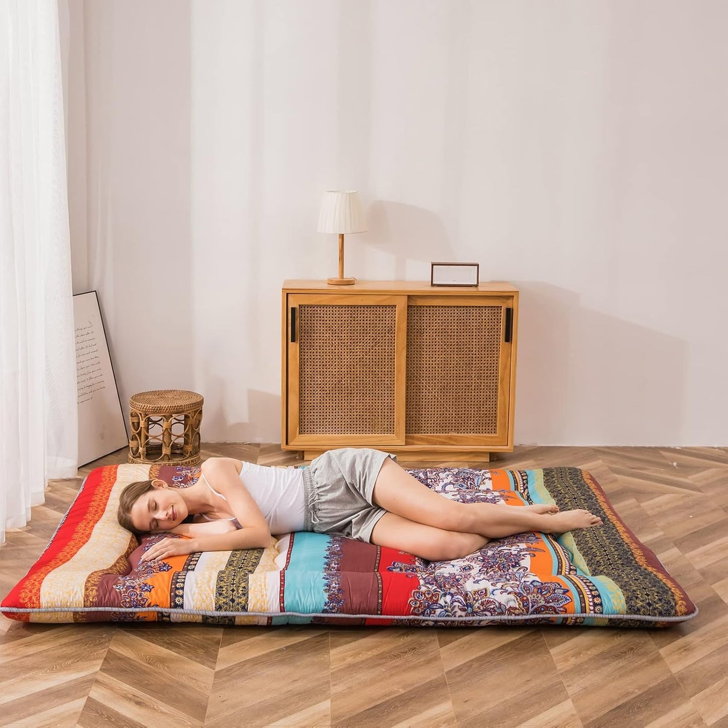 MAXYOYO Bohemian Retro Mattress Boho Floral Japanese Futon Mattress Tatami Floor Mat Foldable Portable Camping, Sleeping Pad, Lounger Couch Bed Full Size