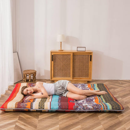 MAXYOYO Bohemian Retro Mattress Boho Floral Japanese Futon Mattress Tatami Floor Mat Foldable Portable Camping, Sleeping Pad, Lounger Couch Bed Full Size