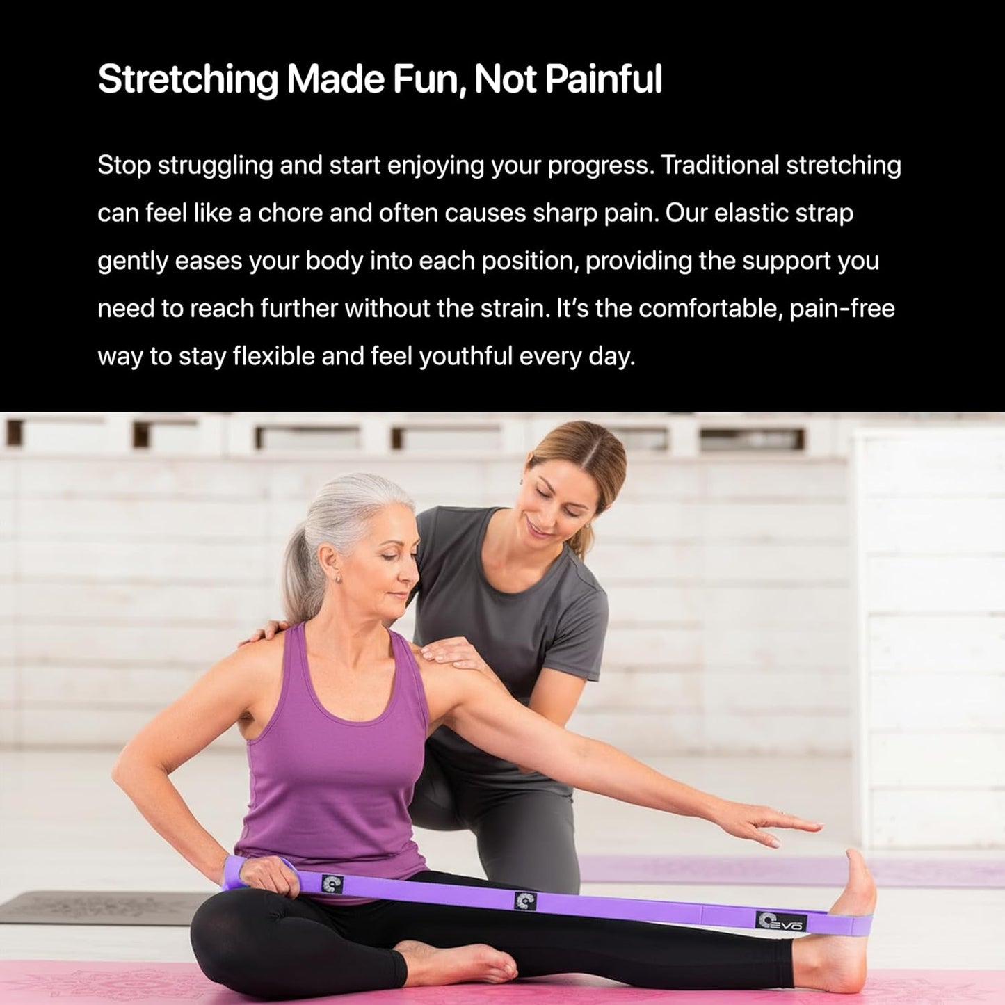 YOGA-EVO Elastic Stretching Strap with Loops for Physical Therapy - Stretch & Activate Muscles - Increase Mobility & Recovery - Soft Cotton & Spandex - Includes Carrying Pouch & Video Exercises