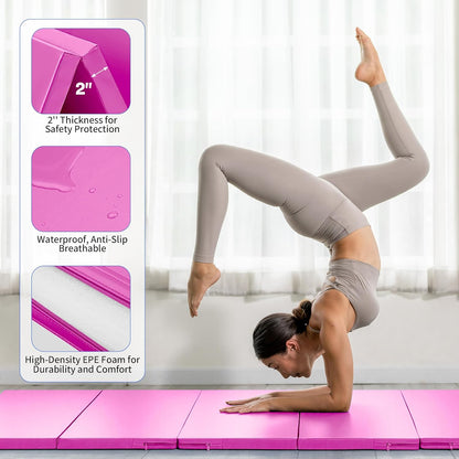 Outdoor Basic 6'x3'x2'' Gymnastics Mats Portable 4-Fold Tumbling Mat Thick Yoga Mat with PU Leather & Carry Handle for Home Workout, Yoga, MMA Core Training, Pilates