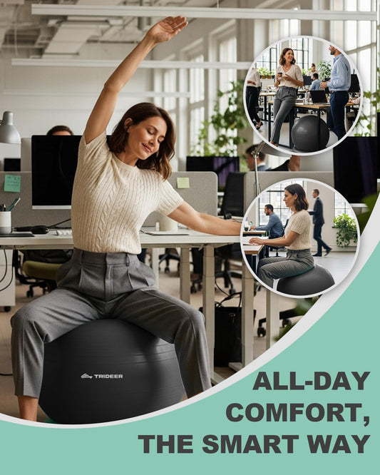 Trideer Exercise Ball for Office Desk, Yoga Ball Chair to Relieve Back Pain, Stability & Fitness Ball Seat with Base, Home Gym Core Workout, Abs, Stretching & Therapy