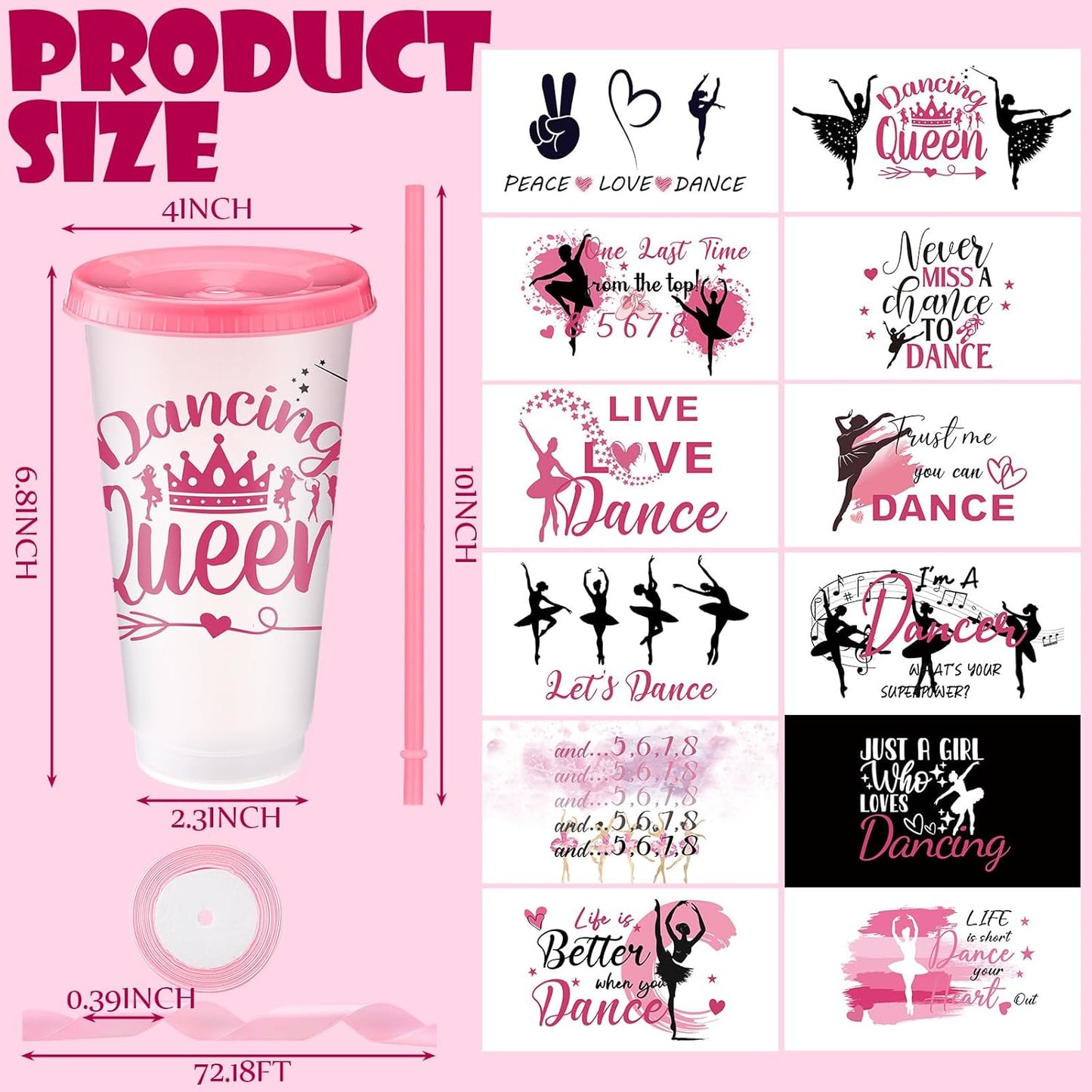 Geyoga 12 Pcs Yoga Dancer Appreciation Gifts Bulk for Women 24 oz Plastic Ballet Dance Reusable Tumbler Cup with Lid Straw Ribbon Bow for Dancer Team Gift Performance Competition Birthday Party Favor