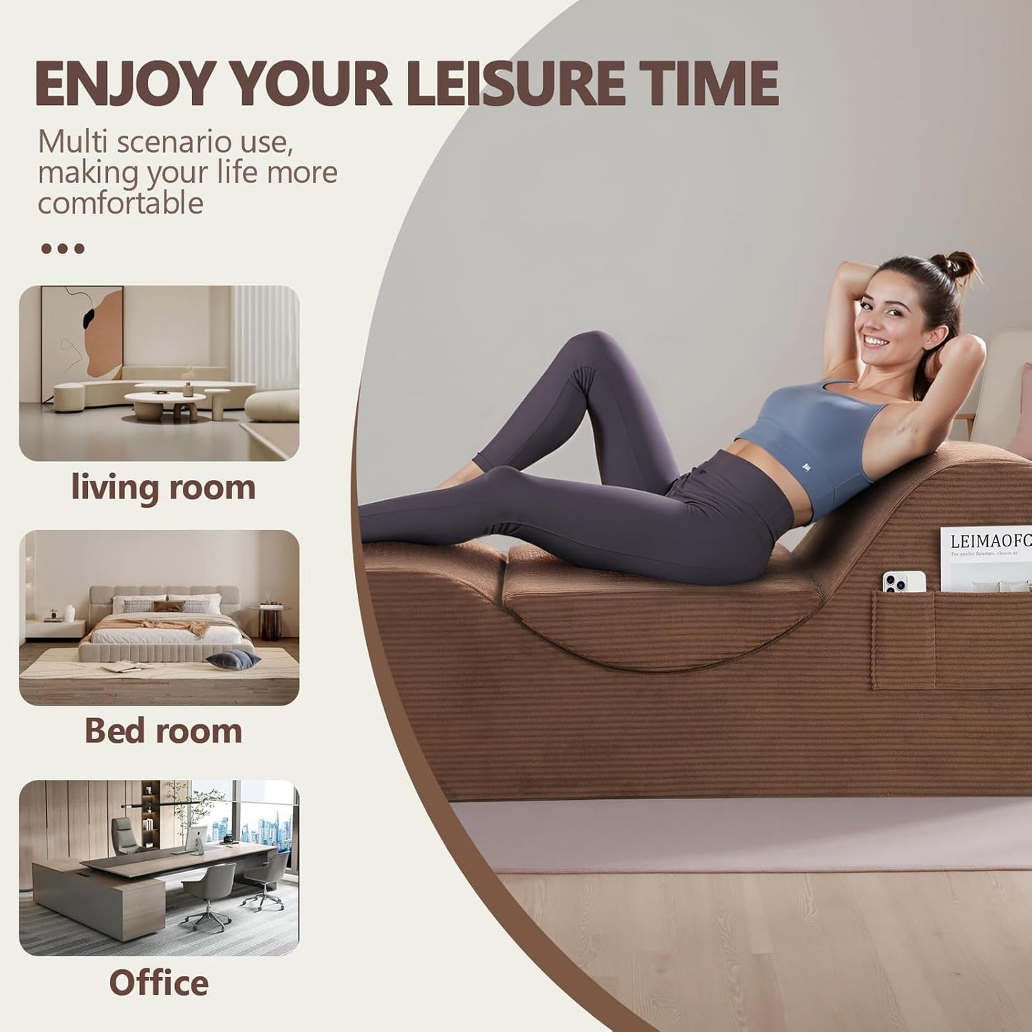 Yoga Chair Lounge for Adult, Ergonomic Chaise Lounge Chair with Side Pocket, Headrest, Waist Pad, Perfect for Stretching, Massage, and Relaxation, Used in Living Room, Bedroom（Black）